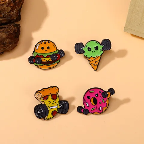 Cartoon Foodie Fitness Enamel Brooch Pin Alloy Drip Oil Burger Pizza Ice Cream Donut Lifting Barbell Fitness Badge For Clothes Jewelry