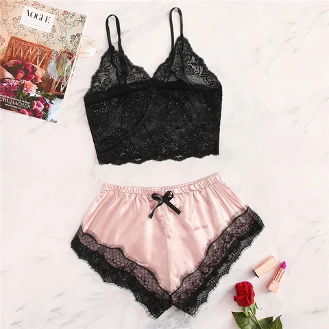 Women Sexy Lace Camisole And Satin Shorts Pajama Set Two Piece Sleepwear Lingerie
