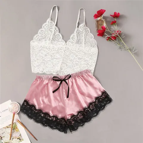 Women Sexy Lace Camisole And Satin Shorts Pajama Set Two Piece Sleepwear Lingerie