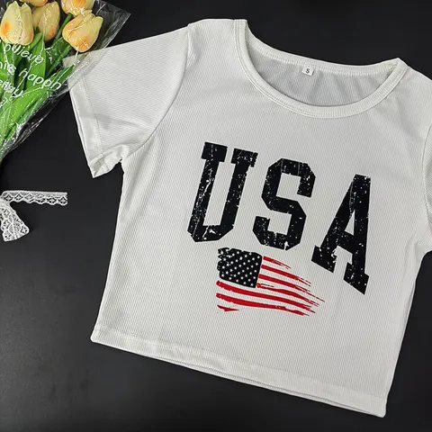 Damen Casual Lockeres Kurzarm T-Shirt Vintage USA Flagge Grafikprint Rundhals Sommer Basic Tee Top