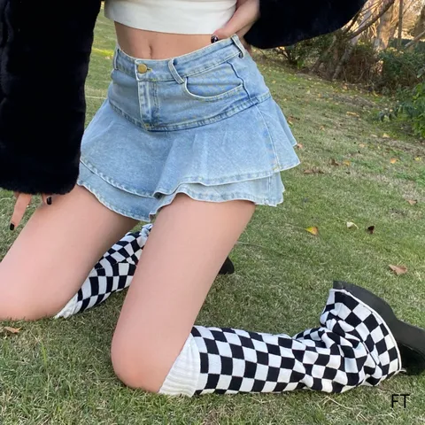 Black White Checkerboard Knit Leg Warmers Autumn Winter Wide Leg Flare Socks Casual Fashion Accessories