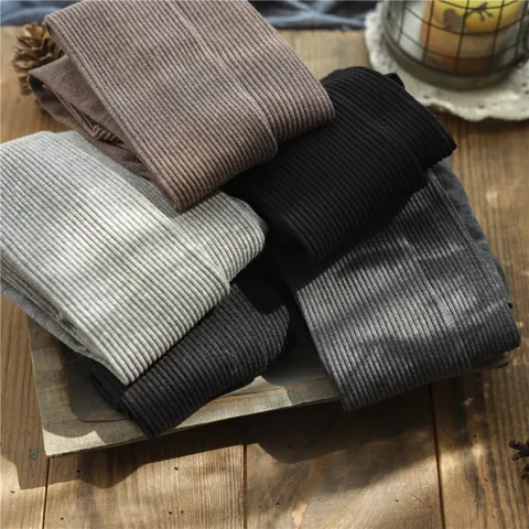 Women Winter Solid Color Vertical Striped Tights Warm Slimming Nylon Pantyhose Casual Ins Style Stretch Footed Leggings