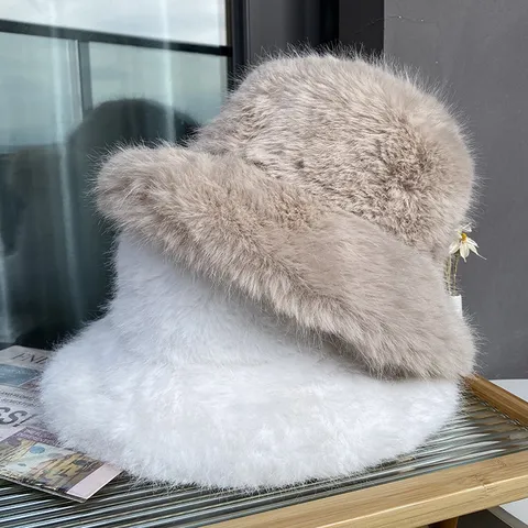 Women Winter Faux Fur Bucket Hat Thickened Warm Plush Fisherman Hat Soft Casual Outdoor Windproof Basin Hat
