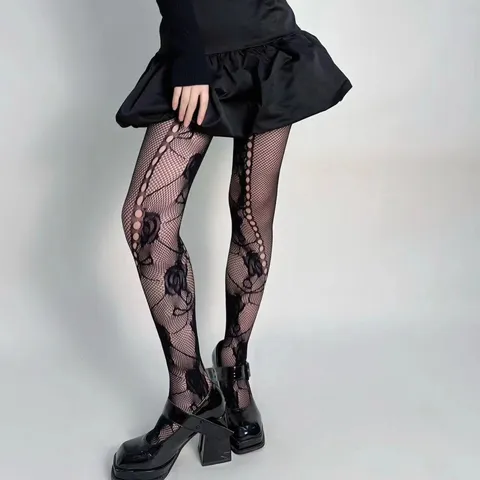 Dames Sexy Vintage Floral Opengewerkte Netpanty Gothic Dark Style Slim Fit Mesh Kousen Herfst Winter Beenmode