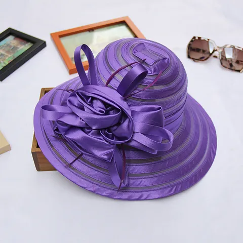 Women Organza Sun Hat Wide Brim Summer Beach Hat Elegant Floral Bowknot Fedora Hat UV Protection Vacation Cap