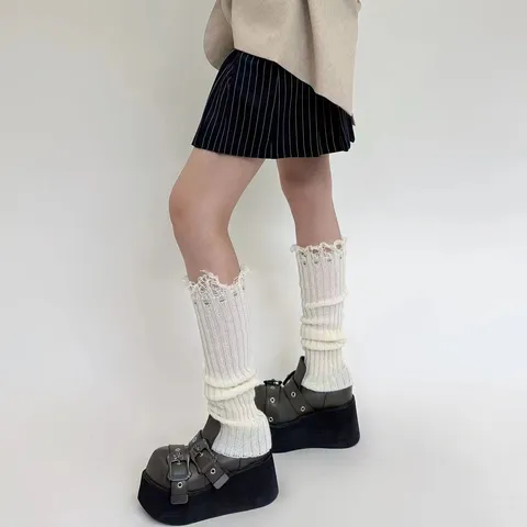 Womens Knitted Leg Warmers Y2K Grunge Distressed Fringe Slouch Socks Winter Thermal Boot Cuffs Fashion Accessories