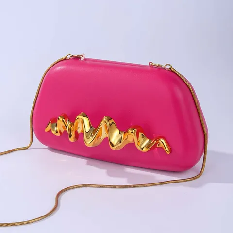 Women Luxury Evening Clutch Bag PU Leather Wave Metal Handle Wedding Party Purse Elegant Hard Shell Designer Style Handbag