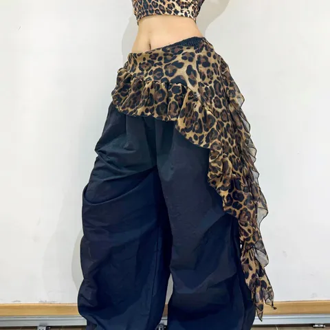 Women Vintage Leopard Print Chiffon Waist Skirt Ruffled Streetwear Dance Hip Scarf Fashion Accessory Retro Casual