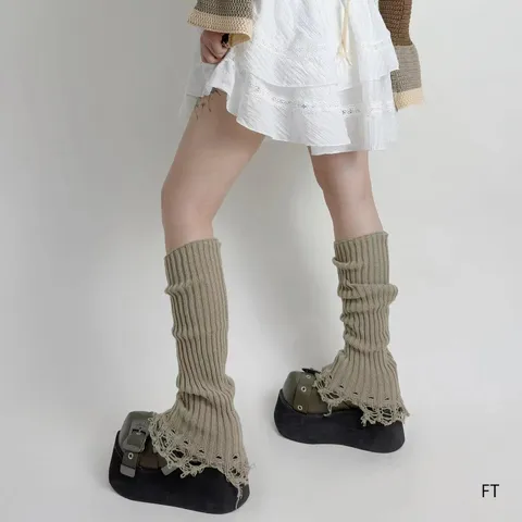Womens Knitted Leg Warmers Y2K Grunge Distressed Fringe Slouch Socks Winter Thermal Boot Cuffs Fashion Accessories