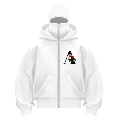 Women's Casual Fleece Lined Hooded Sweatshirt Y2K Streetwear Full Zip Up Balaclava Hoodie With Letter Floral Print