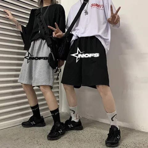 Unisex American Streetwear Hip Hop Casual Shorts High Waist Loose Drawstring Five Point Shorts With Star Letter Print