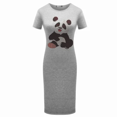 Abito Midi Casual da Donna a Manica Corta Girocollo con Stampa Panda Cartoon in Cotone Estivo