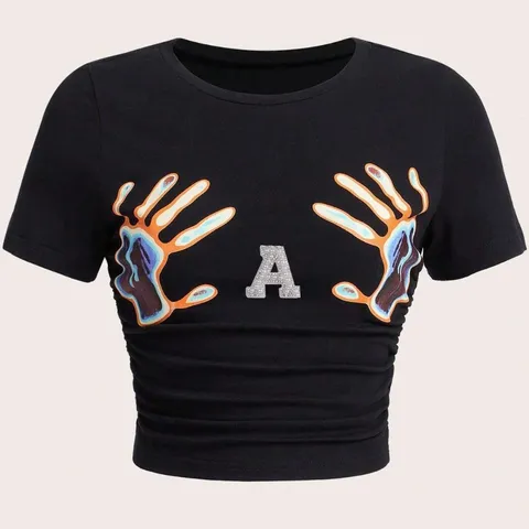 Damen Casual Slim Fit Rundhals Kurzarm T-Shirt Basic Buchstabe Strass Druck Sommer Mode Bekleidung Top