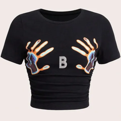 Damen Casual Slim Fit Rundhals Kurzarm T-Shirt Basic Buchstabe Strass Druck Sommer Mode Bekleidung Top