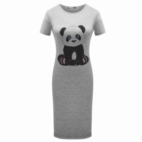Abito Midi Casual da Donna a Manica Corta Girocollo con Stampa Panda Cartoon in Cotone Estivo