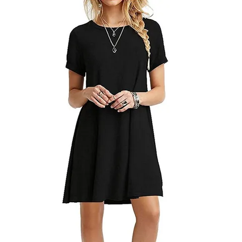 Damen Casual Einfarbig Kurzarm Rundhals A-Linie Mini Kleid Sommer Tägliche Streetwear Mode