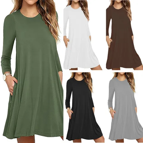 Women Casual Long Sleeve Solid Color Midi Dress Loose Crew Neck Pocket Dress Casual Daily Apparel