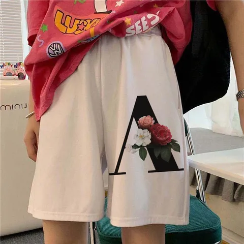 Women Casual Loose Fit Shorts Summer Elastic Low Waist Straight Short Pants White Gray Letter Floral Printed Streetwear