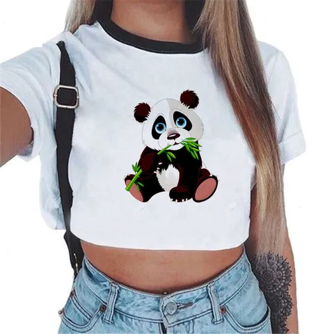 Top Corto Casual de Manga Corta para Mujer Cuello Redondo Estampado Dibujos Animados Mezcla de Poliéster Camiseta Streetwear