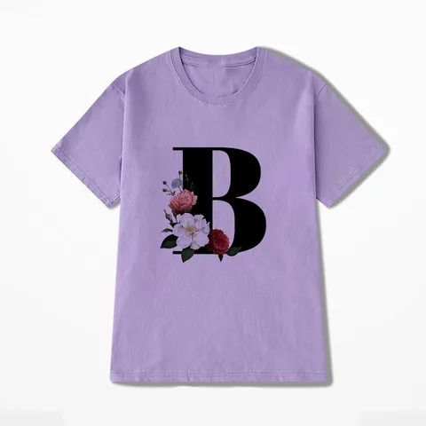 Dames Casual Paarse Korte Mouw T-Shirt Basis Ronde Hals Letter Bloemen Print Top Zomer Mode