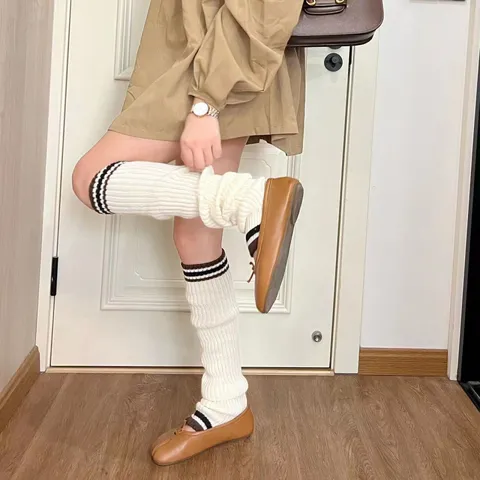 Preppy Style Slouch Socks Knit Leg Warmers Double Stripe Stirrup Long Boot Socks Winter Retro College Fashion Hosiery