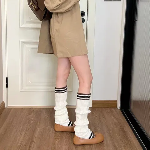 Preppy Style Slouch Socks Knit Leg Warmers Double Stripe Stirrup Long Boot Socks Winter Retro College Fashion Hosiery
