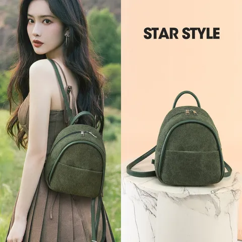 Fashion Vintage Corduroy Mini Backpack For Women Casual Travel Small Rucksack With Zip Pocket Solid Color School Bag