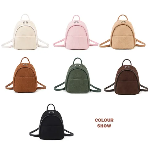Fashion Vintage Corduroy Mini Backpack For Women Casual Travel Small Rucksack With Zip Pocket Solid Color School Bag