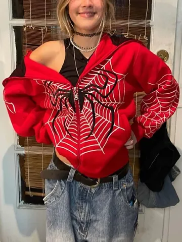 Women's Streetwear Full Zip Hooded Sweatshirt Oversized Printed Spiderweb Casual Long Sleeve Hoodie Jacket