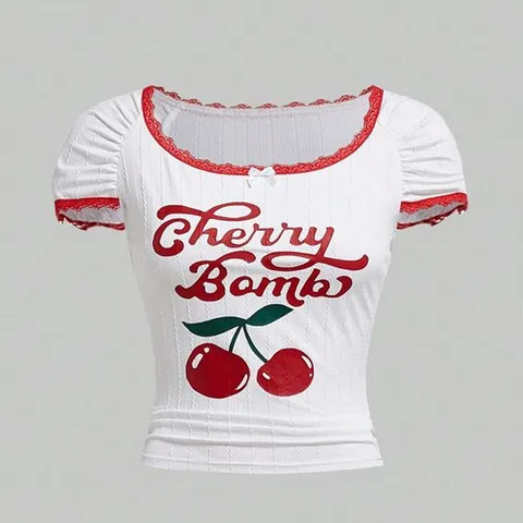 Women Casual Short Sleeve Knit T-Shirt White Top With Red Lace Trim Bow Cherry Letter Print Fashion Streetwear