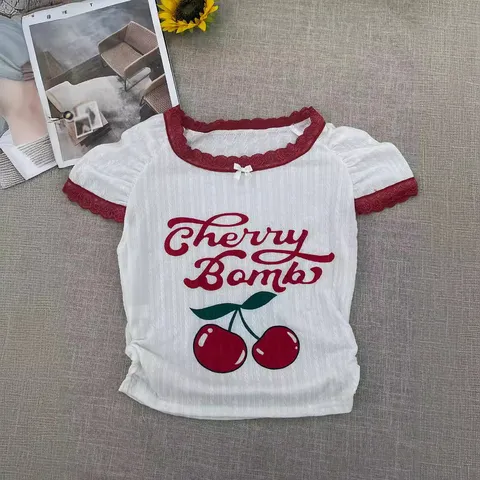 Women Casual Short Sleeve Knit T-Shirt White Top With Red Lace Trim Bow Cherry Letter Print Fashion Streetwear