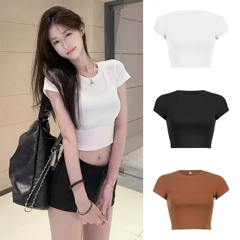 Women Casual Solid Color Short Sleeve Crop Top Slim Fit Basic Summer T Shirt Fashion Streetwear Female Tee