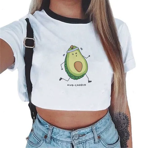 Women Casual Short Sleeve Cropped T-Shirt Summer Basic Crew Neck Cute Avocado Cartoon Print Polyester Slim Fit Top