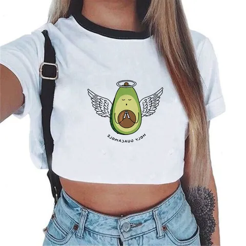 Women Casual Short Sleeve Cropped T-Shirt Summer Basic Crew Neck Cute Avocado Cartoon Print Polyester Slim Fit Top