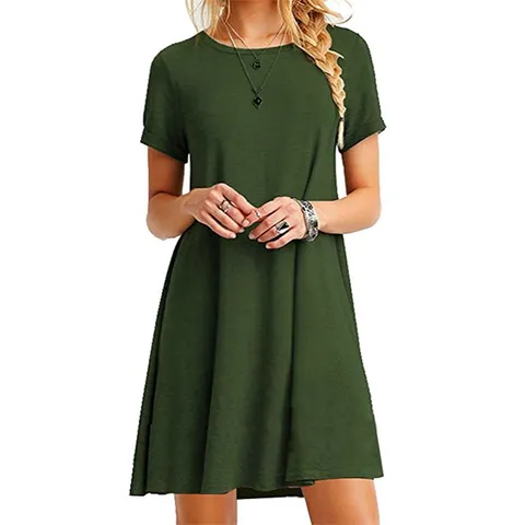 Damen Casual Einfarbig Kurzarm Rundhals A-Linie Mini Kleid Sommer Tägliche Streetwear Mode