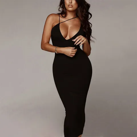 Women's Sexy V-Neck Sleeveless Backless Asymmetric Strap Maxi Dress Slim Fit Solid Color Polyester Club Party Dress
