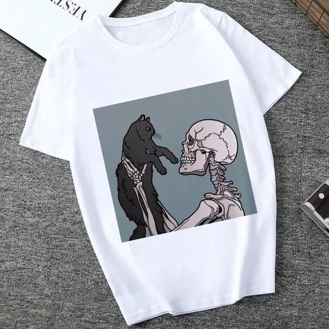 Women's Casual Polyester Blend T-Shirt Short Sleeve Crew Neck Gothic Skull And Cat Graphic Print Loose Fit Tee Top