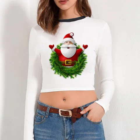 Dames Kerstprint Lange Mouw Crop Top Slim Fit Ronde Hals Pullover Casual Vakantie Feest T-Shirt