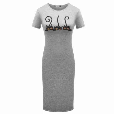 Womens Casual Cotton Blend Dress Short Sleeve Crew Neck Slim Fit Midi Dress Cute Cartoon Cat Print Summer Casual Dress