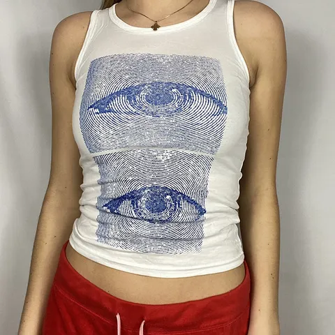 Women's Casual Slim Fit Short Sleeveless Crop Top Summer Basic Round Neck Abstract Eye Print Polyester T-Shirt