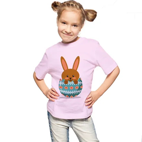Kids Easter Bunny Print Short Sleeve T-Shirt Children Casual Round Neck Polyester Pullover Top