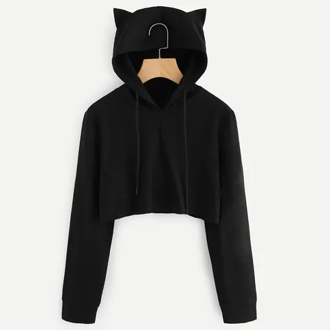 Women's Cute Cat Ear Hooded Sweatshirt Casual Long Sleeve Solid Color Loose Short Pullover Hoodie Streetwear Top