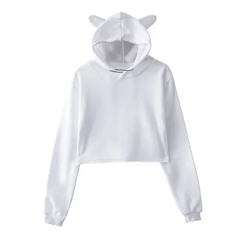 Women's Cute Cat Ear Hooded Sweatshirt Casual Long Sleeve Solid Color Loose Short Pullover Hoodie Streetwear Top