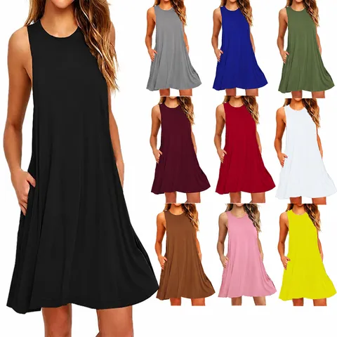 Women's Casual Solid Color Sleeveless Pocket A-Line Mini Dress Summer Loose Fashion Basic Tank Dress