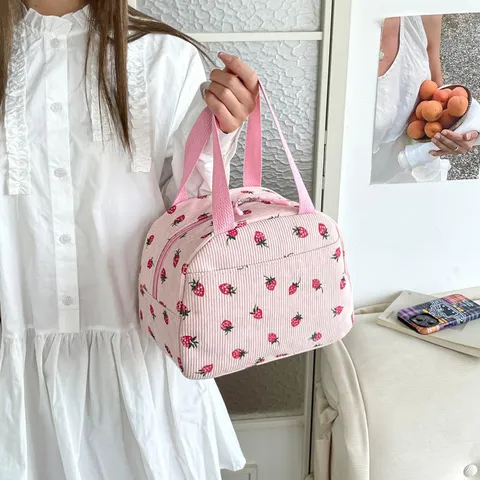 Damen Cord Erdbeere Print Lunchtasche Große Kapazität Tragbare Picknick-Tasche Reißverschluss Handtasche Für Herbst Ausflug Reisen