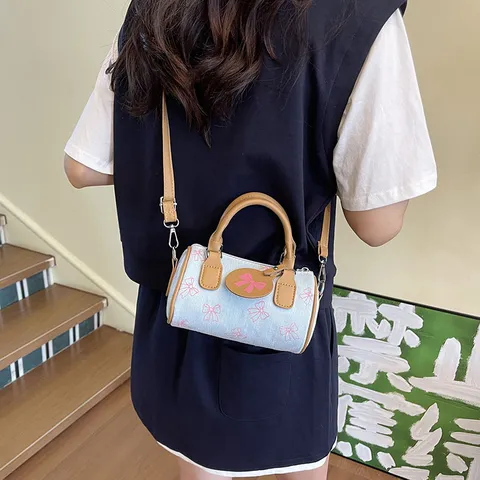 Women Denim Canvas Cylinder Bag Cute Bow Cherry Print Small Boston Shoulder Crossbody Bag Fashion 2026 Retro Casual Handbag
