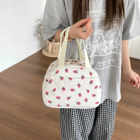 Damen Cord Erdbeere Print Lunchtasche Große Kapazität Tragbare Picknick-Tasche Reißverschluss Handtasche Für Herbst Ausflug Reisen