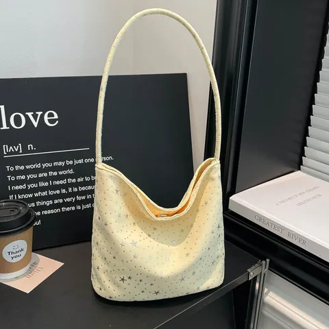 Women Minimalist Star Printed Shoulder Bag Korean Fabric Cotton Lining Magnetic Underarm Bag Casual Commute Handbag Gift