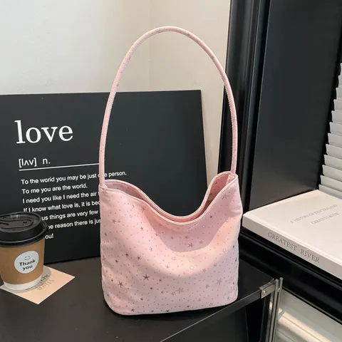 Women Minimalist Star Printed Shoulder Bag Korean Fabric Cotton Lining Magnetic Underarm Bag Casual Commute Handbag Gift