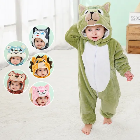 Baby Animal Romper Fleece Hooded Jumpsuit Cute Cartoon Cosplay Pajamas Infant Boys Girls Onesie Winter Clothes